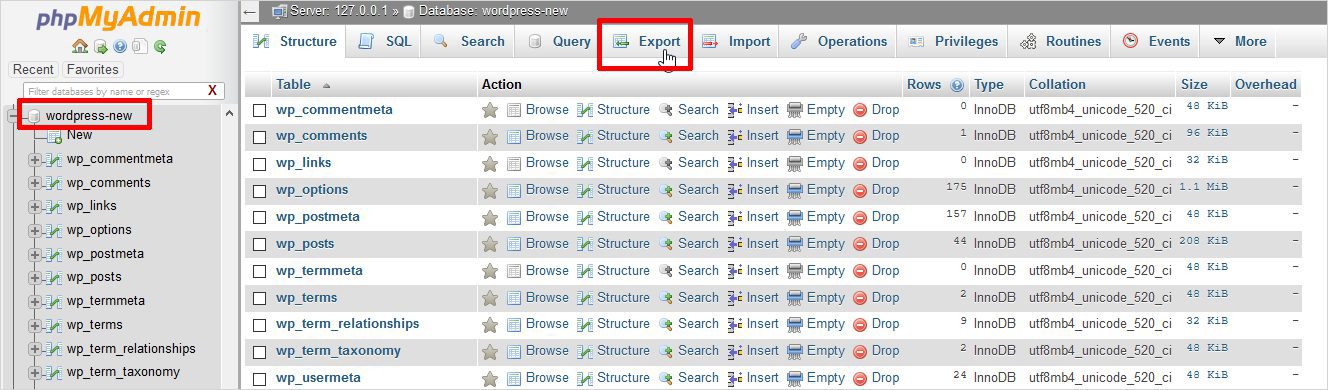 select-export-option-migrate-wordpress-from-localhost